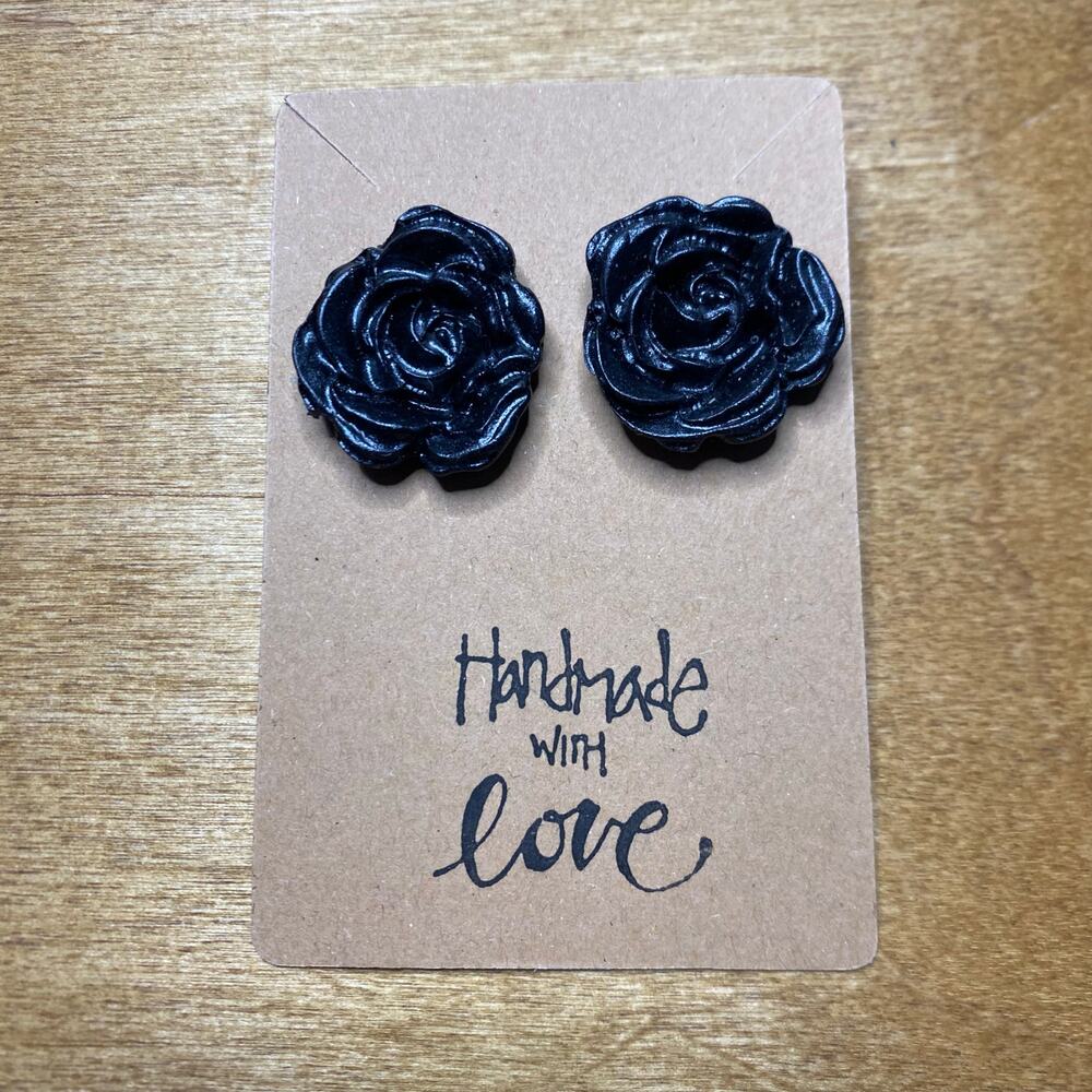 Black Rose Earrings Clay Women Handmade Pop Punk Sparkle